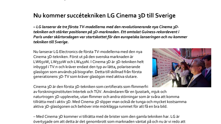 Nu kommer succétekniken LG Cinema 3D till Sverige