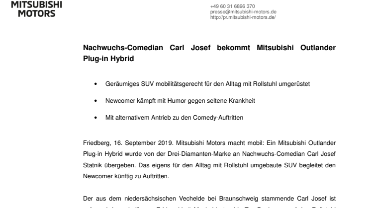 Nachwuchs-Comedian Carl Josef bekommt Mitsubishi Outlander Plug-in Hybrid