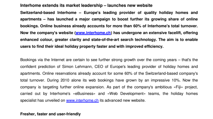 Interhome extends its market leadership – launches new website