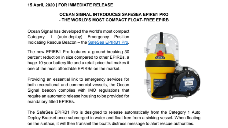 Ocean Signal Introduces SafeSea EPIRB1 Pro - The World’s Most Compact Float-Free EPIRB
