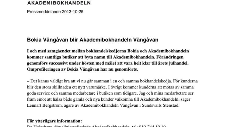 Bokia Vängåvan blir Akademibokhandeln Vängåvan