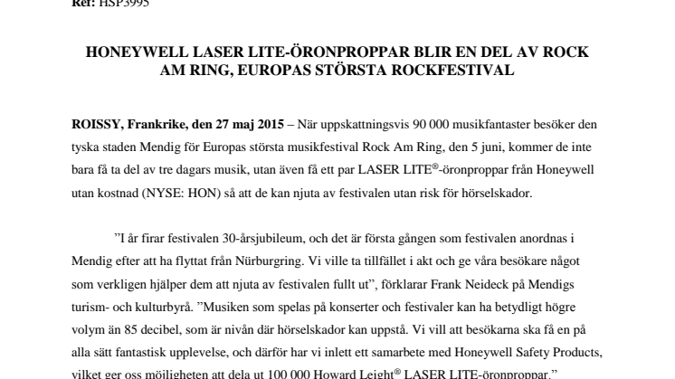 Honeywell LASER LITE-öronproppar blir en del av Rock am Ring, Europas största rockfestival 