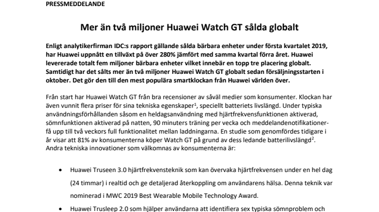 Mer än två miljoner Huawei Watch GT sålda globalt 