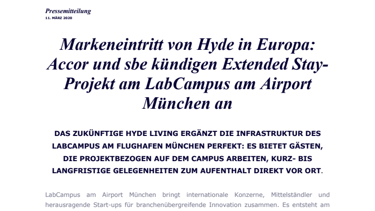 Markeneintritt von Hyde in Europa: Accor und sbe kündigen Extended Stay-Projekt am LabCampus am Airport München an