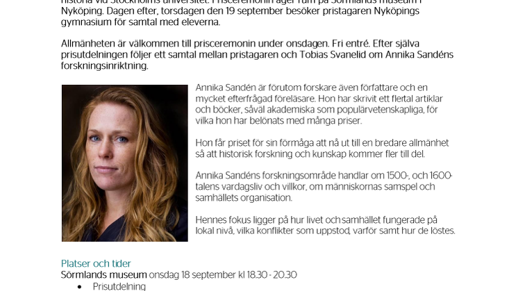 Annika Sandén tar emot Stora historiepriset på Sörmlands museum onsdagen den 18 september
