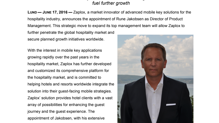 Zaplox Appoints Rune Jakobsen as Director of Product Management in Support of Global Growth Initiative