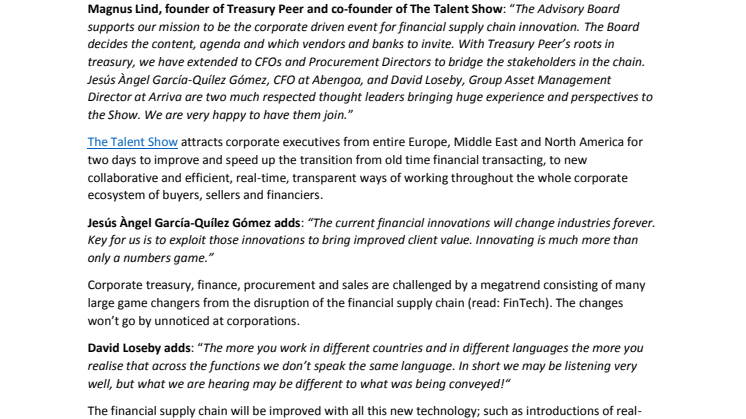 Global CFO and Group Asset Management Director join the Advisory Board of The Talent Show by Treasury Peer 