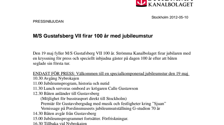 Pressinbjudan: M/S Gustafsberg VII firar 100 år med jubileumstur