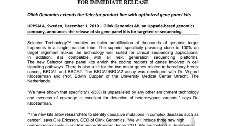 Olink Genomics extends the Selector product line with optimized gene panel kits