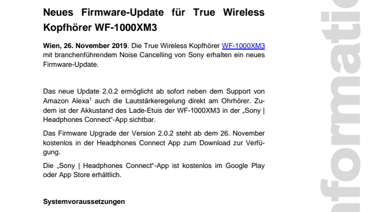 Neues Firmware-Update für True Wireless Kopfhörer WF-1000XM3