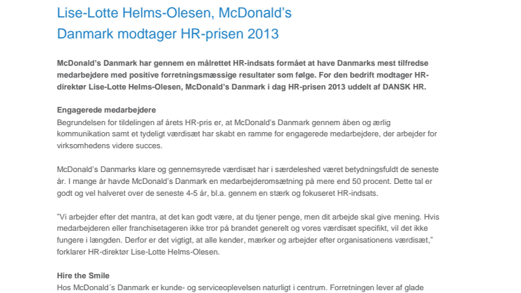 Lise-Lotte Helms-Olesen, McDonald’s Danmark modtager HR-prisen 2013