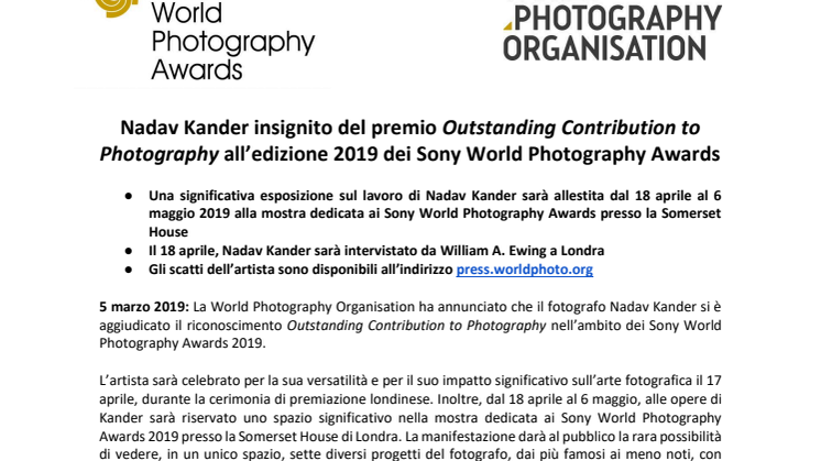 Nadav Kander insignito del premio Outstanding Contribution to Photography all’edizione 2019 dei Sony World Photography Awards