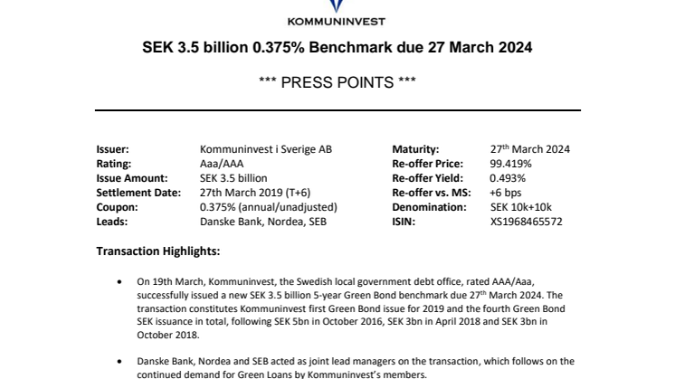 Kommuninvest Press Points Green Bond issued March 2019