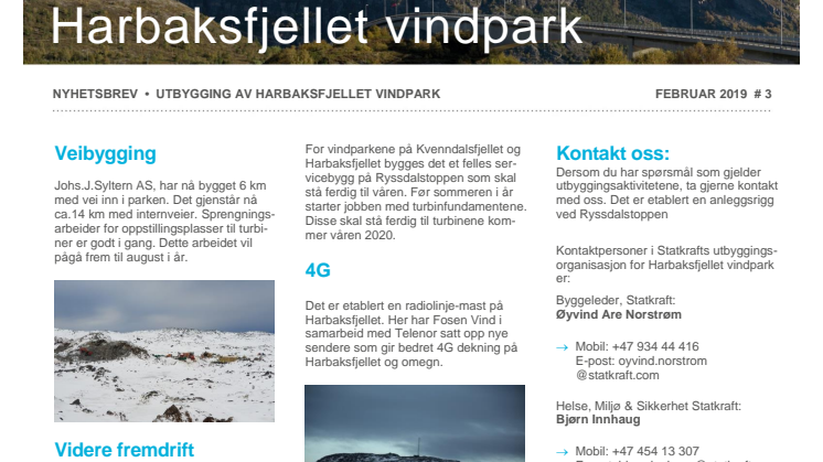 Nyhetsbrev Kvenndalsfjellet og Harbaksfjellet vindparker  #3 2019