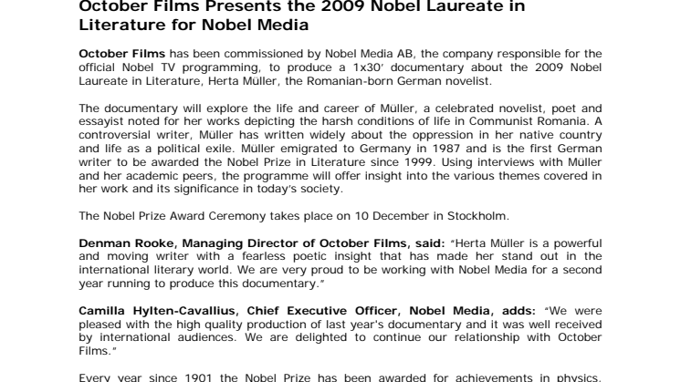 October Films Presents the 2009 Nobel Laureate in Literature for Nobel Media