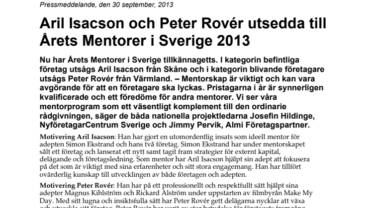 Aril Isacson och Peter Rovér utsedda till Årets Mentorer i Sverige 2013!