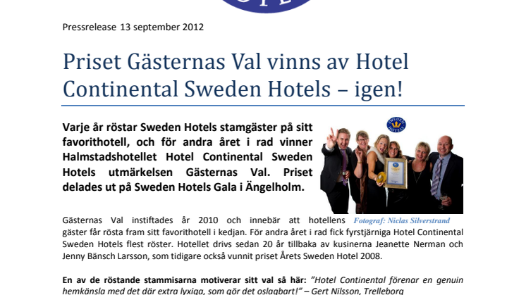 Priset Gästernas Val vinns av Hotel Continental Sweden Hotels – igen!