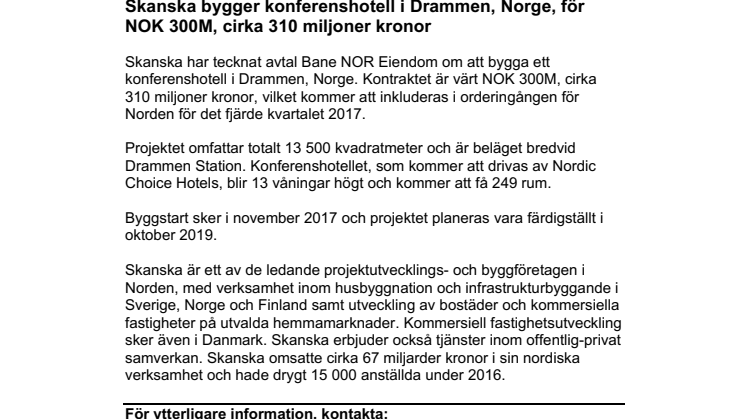 Skanska bygger konferenshotell i Drammen, Norge, för NOK 300M, cirka 310 miljoner kronor