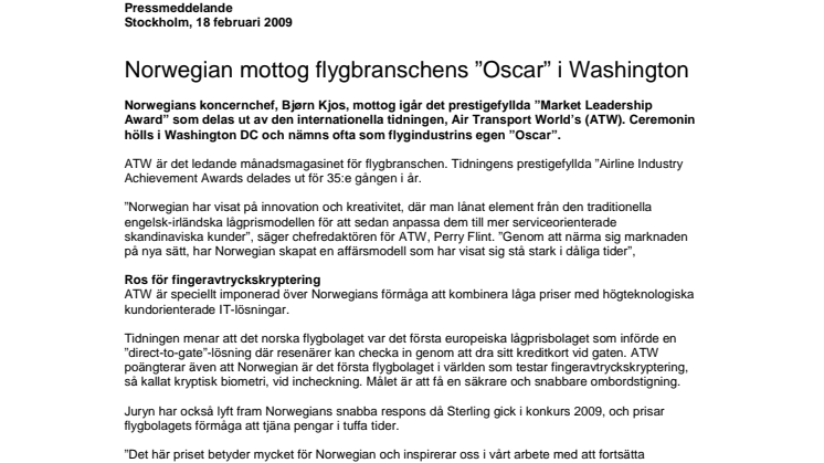 Norwegian mottog flygbranschens "Oscar" i Washington