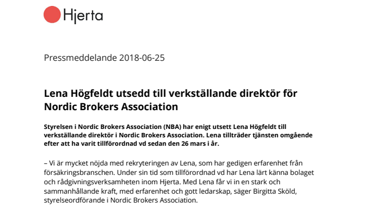 Lena Högfeldt utsedd till verkställande direktör för Nordic Brokers Association 