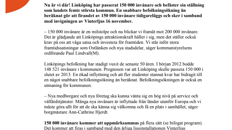 Linköping har blivit 150 000 invånare
