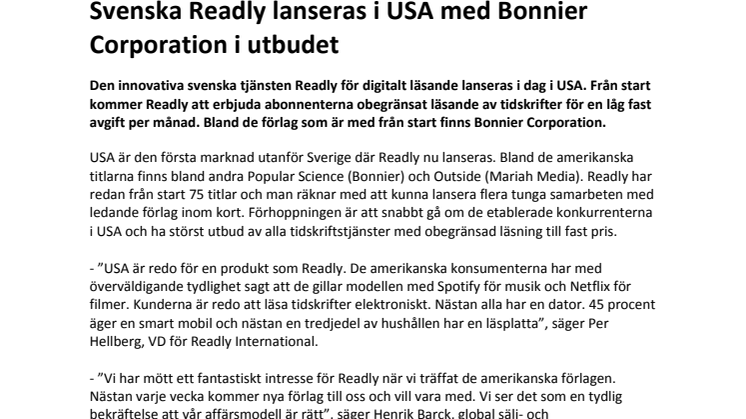 Svenska Readly lanseras i USA med Bonnier Corporation i utbudet