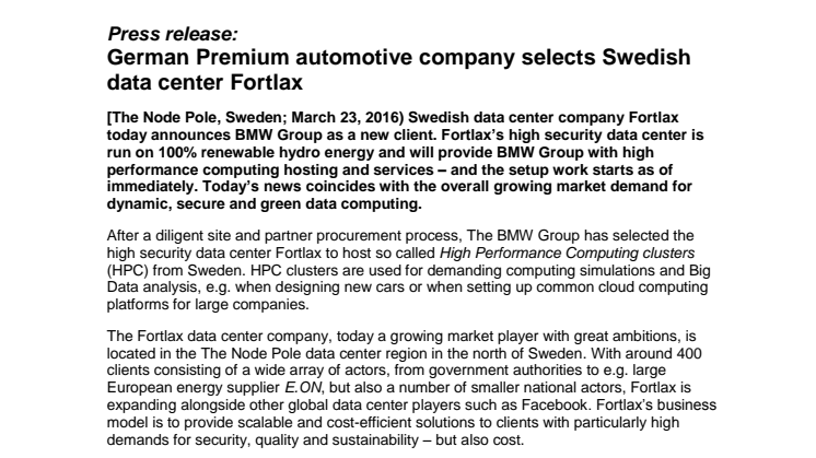 German Premium automotive company selects Swedish data center Fortlax