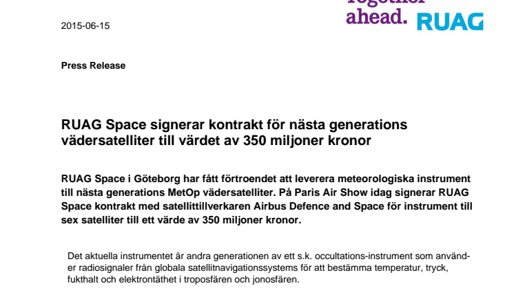 RUAG Space signerar kontrakt för nästa generations vädersatelliter till värdet av 350 miljoner kronor
