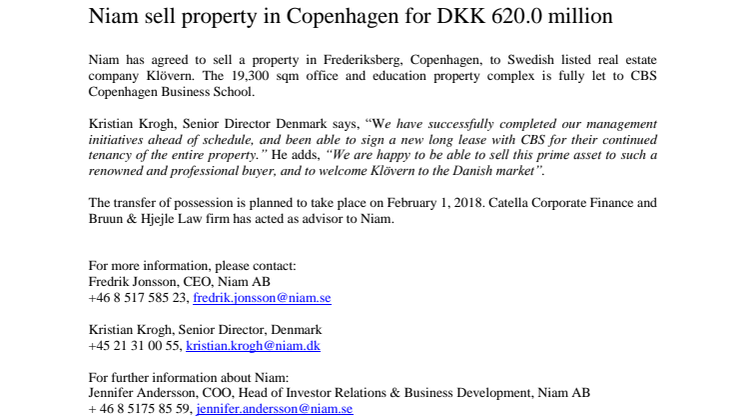 Niam sell property in Copenhagen for DKK 620.0 million