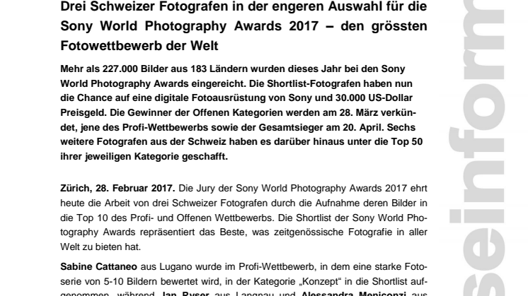 Drei Schweizer Fotografen in der engeren Auswahl für die Sony World Photography Awards 2017 – dem grössten Fotowettbewerb der Welt