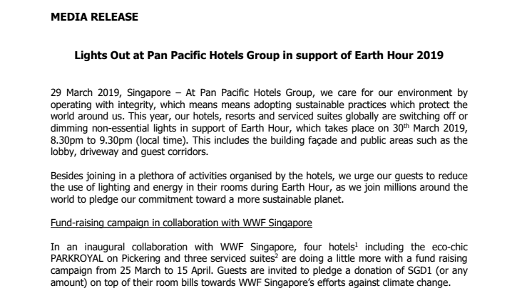 Lights Out at Pan Pacific Hotels Group in support of Earth Hour 2019