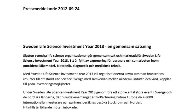 Sweden Life Science Investment Year 2013 - en gemensam satsning