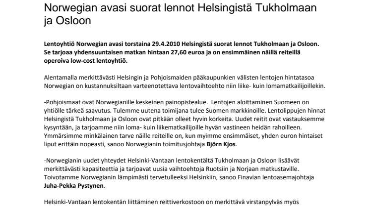 Norwegian avasi suorat lennot Helsingistä Tukholmaan ja Osloon