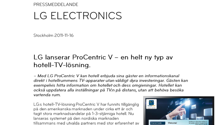 LG lanserar ProCentric V – en helt ny typ av hotell-TV-lösning