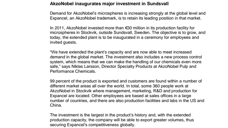 Press release: AkzoNobel inaugurates major investment in Sundsvall