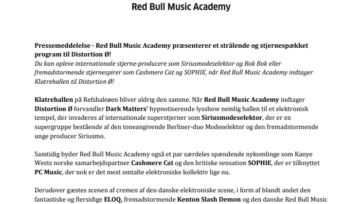 ​Pressemeddelelse - Red Bull Music Academy præsenterer et strålende og stjernespækket program til Distortion Ø