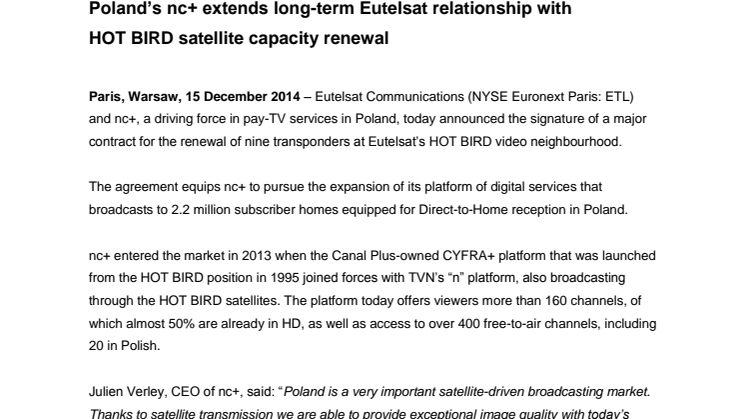 Poland’s nc+ extends long-term Eutelsat relationship with  HOT BIRD satellite capacity renewal