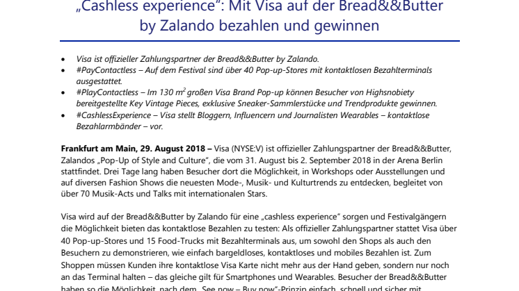 „Cashless experience“: Mit Visa auf der Bread&&Butter by Zalando bezahlen und gewinnen
