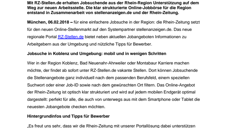 RZ-Stellen.de: stellenanzeigen.de und die Rhein-Zeitung gründen neuen regionalen Online-Stellenmarkt