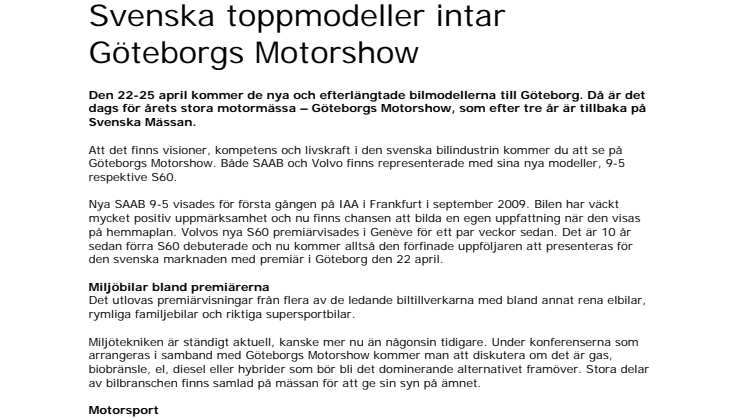 Svenska toppmodeller intar Göteborgs Motorshow