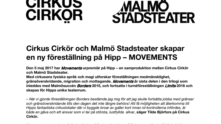 Cirkus Cirkör och Malmö Stadsteater skapar en ny föreställning på Hipp – MOVEMENTS