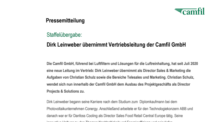 Staffelübergabe: Dirk Leinweber übernimmt Vertriebsleitung der Camfil GmbH
