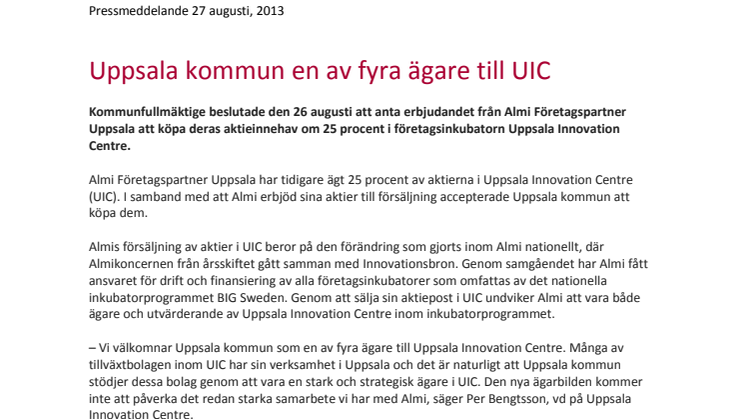 Uppsala kommun en av fyra ägare till UIC