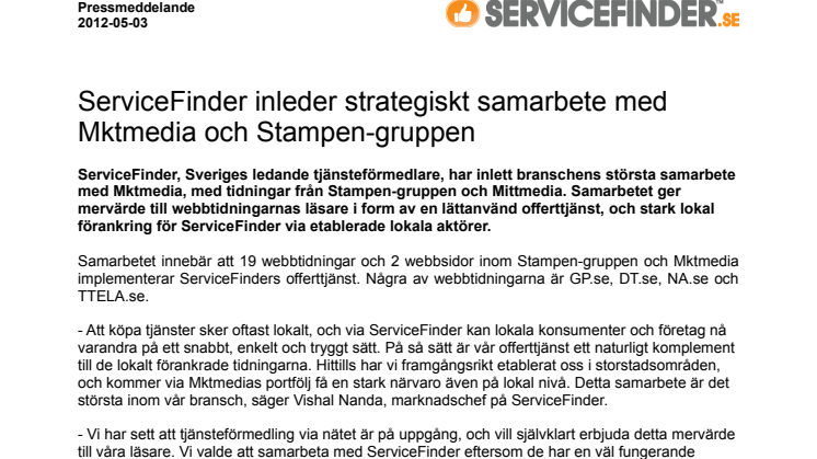 ServiceFinder inleder strategiskt samarbete med  Mktmedia och Stampen-gruppen