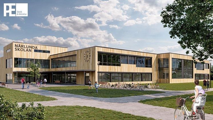 Visionsbild av Närlundaskolans framtida huvudbyggnad. Illustration: PE Teknik & Arkitekter