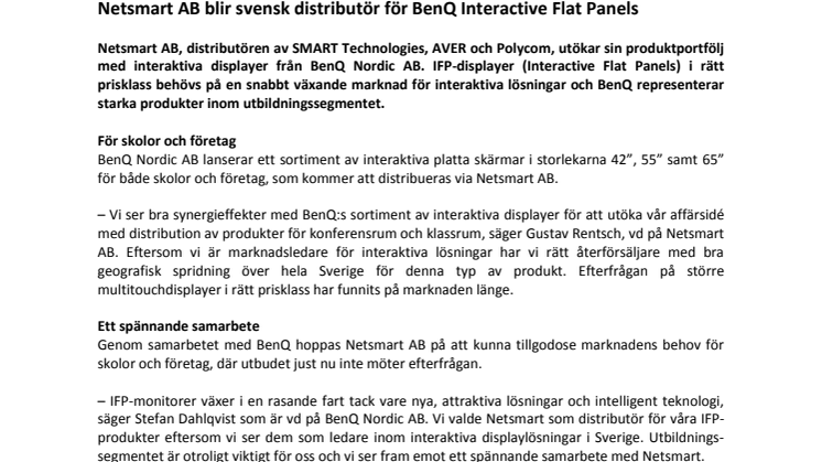 Netsmart AB blir svensk distributör för BenQ Interactive Flat Panels