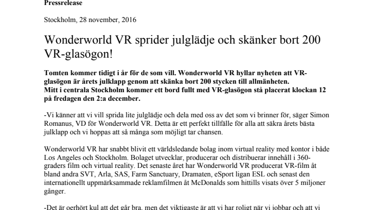 Wonderworld VR önskar alla en god jul. Delar ut 200 VR-glasögon gratis!
