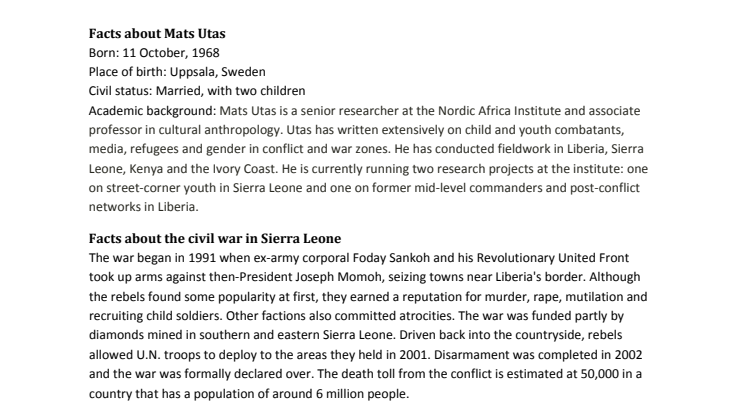 Facts about Mats Utas and the civil war in Sierra Leone