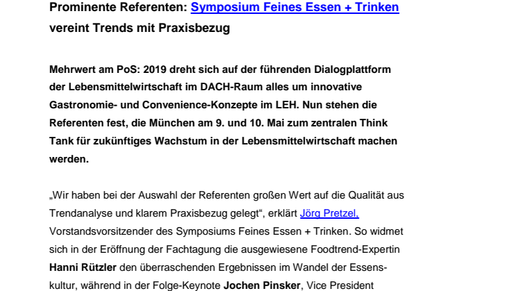 Prominente Referenten: Symposium Feines Essen + Trinken vereint Trends mit Praxisbezug 