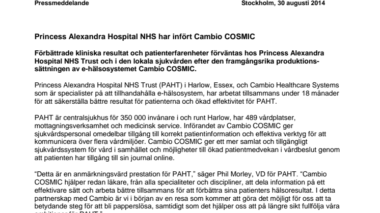 Princess Alexandra Hospital NHS har infört Cambio COSMIC